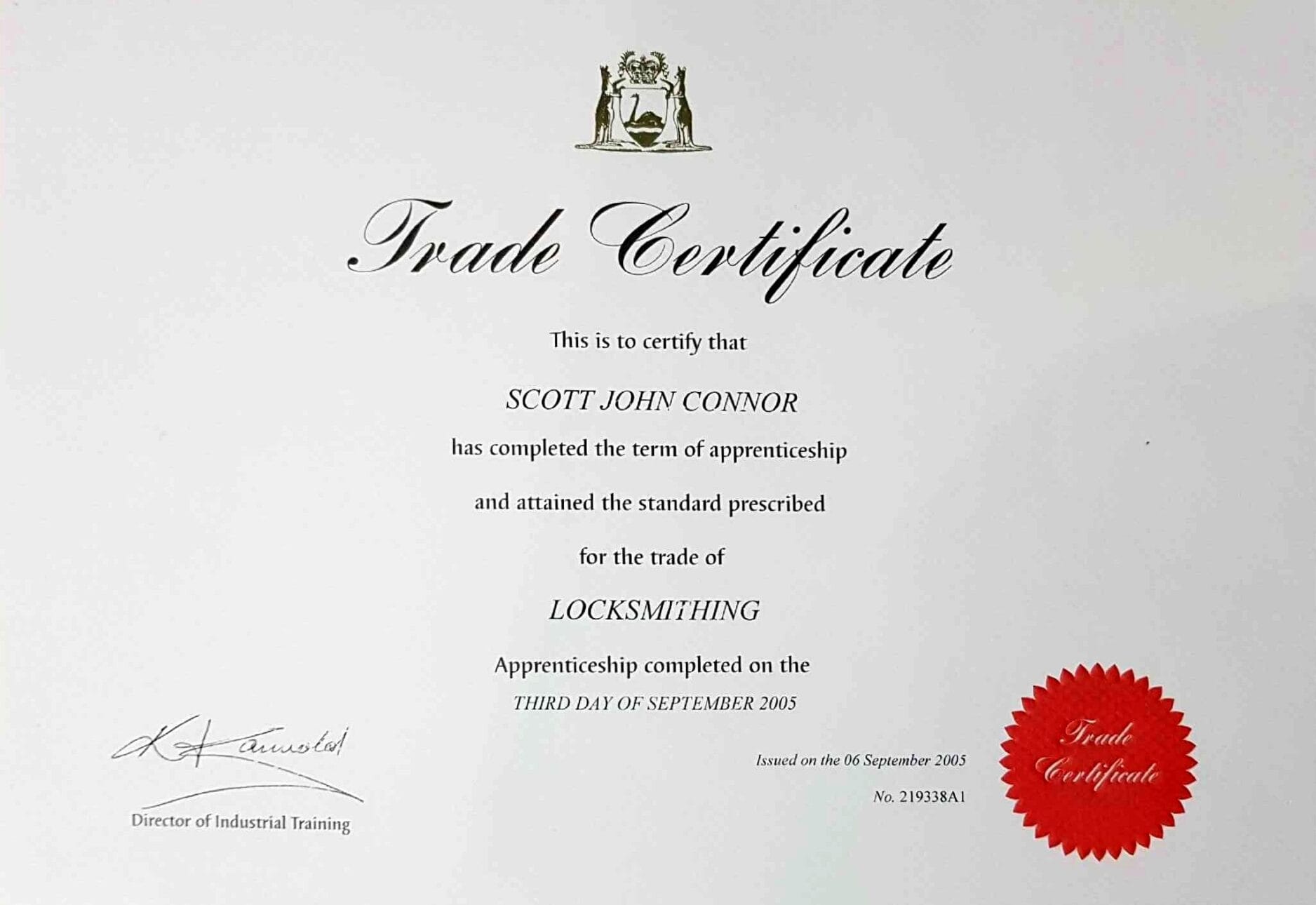 Scott Connor's WA Trade Certificate in Locksmithing, issued September 2005